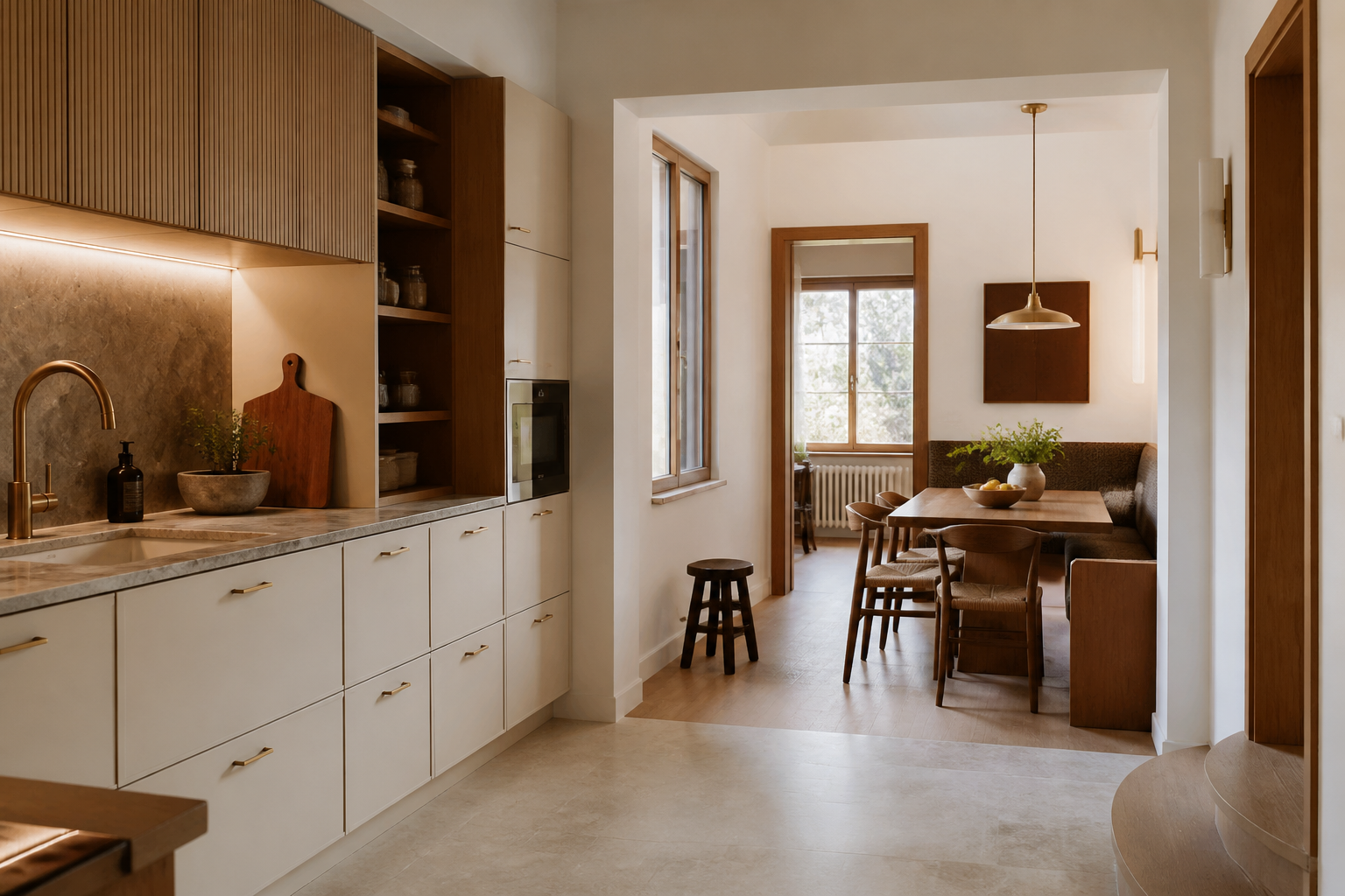 Illustration d’une cuisine rénovée et d’un espace repas à Champigny-sur-Marne