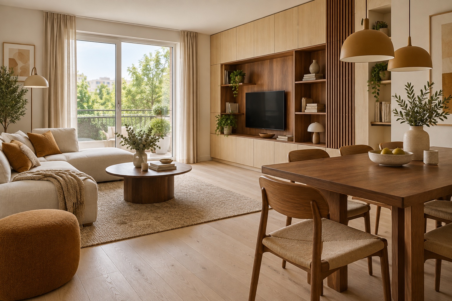 Illustration d’un séjour rénové avec rangements sur mesure à Noisy-le-Grand