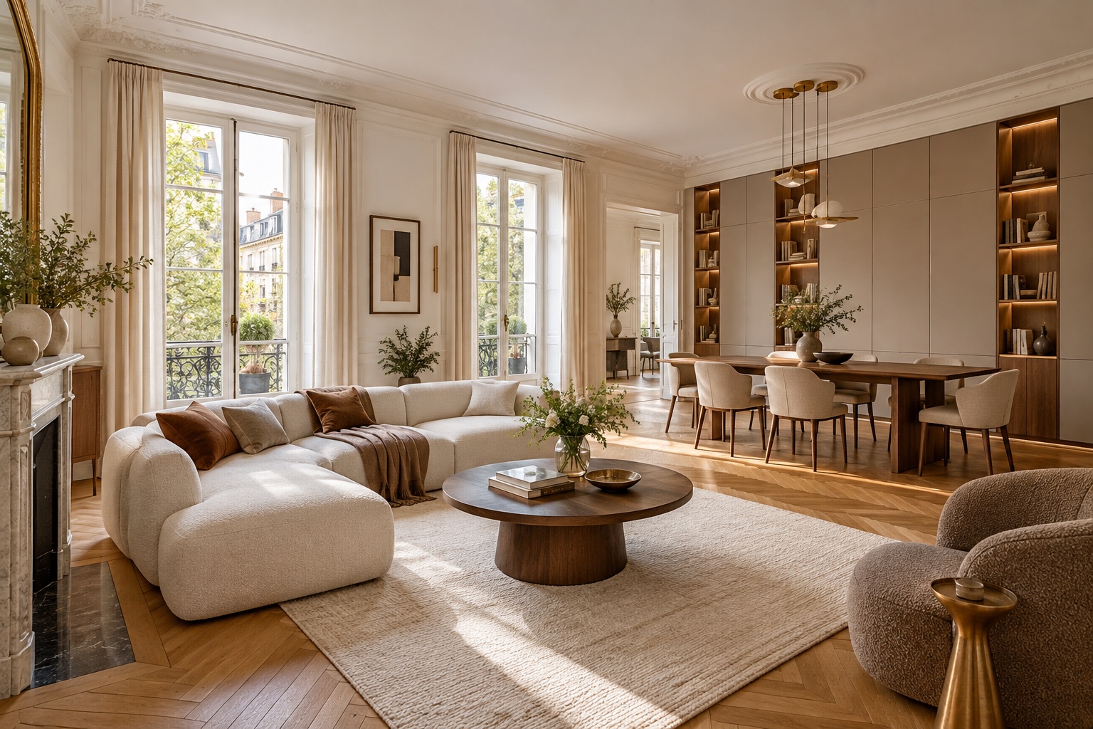 Illustration générée d’un séjour ouvert et de rangements sur mesure pour un projet d’architecture intérieure à Saint-Mandé