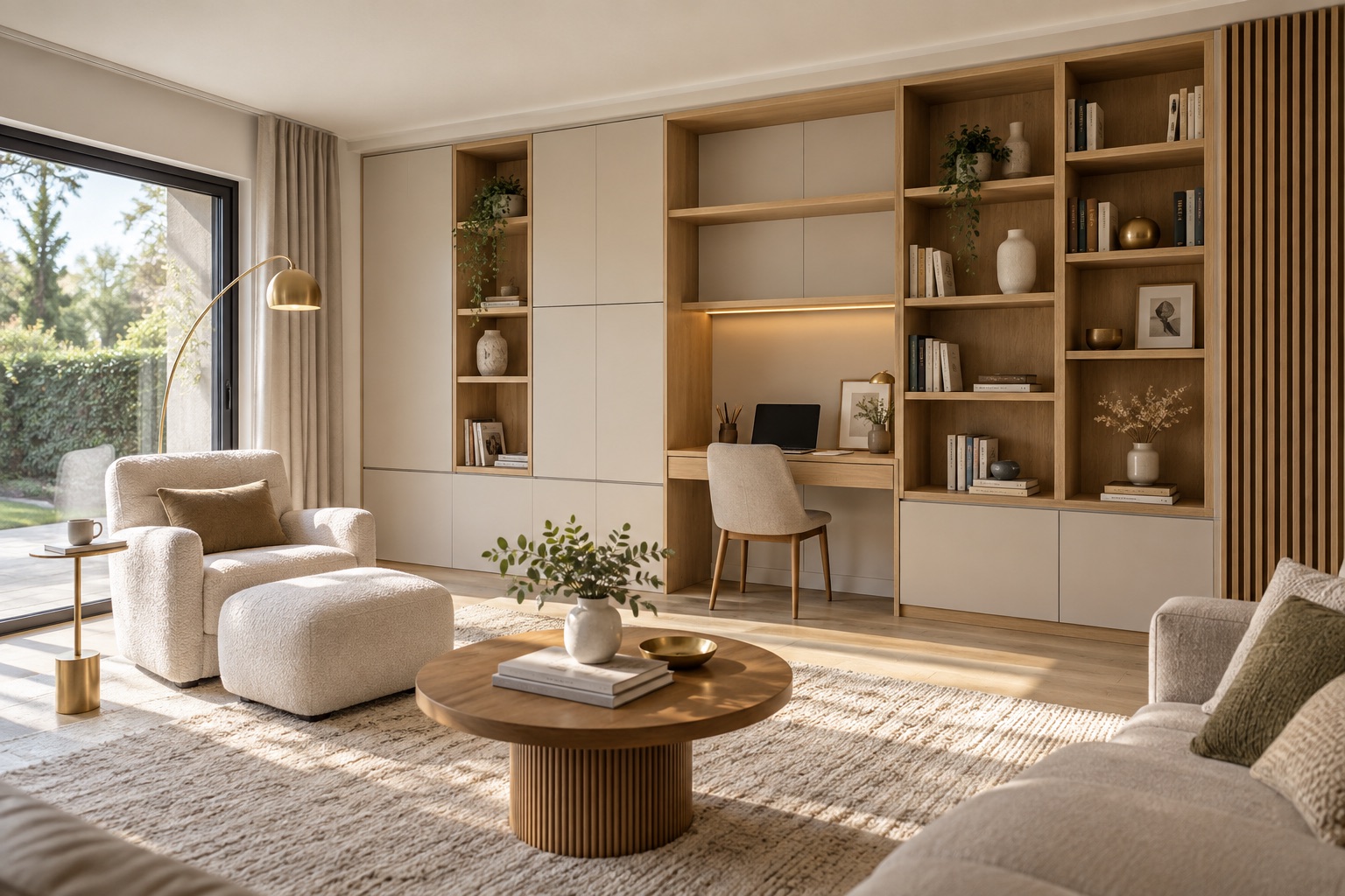 Illustration générée d’une bibliothèque sur mesure avec bureau intégré à Ozoir-la-Ferrière