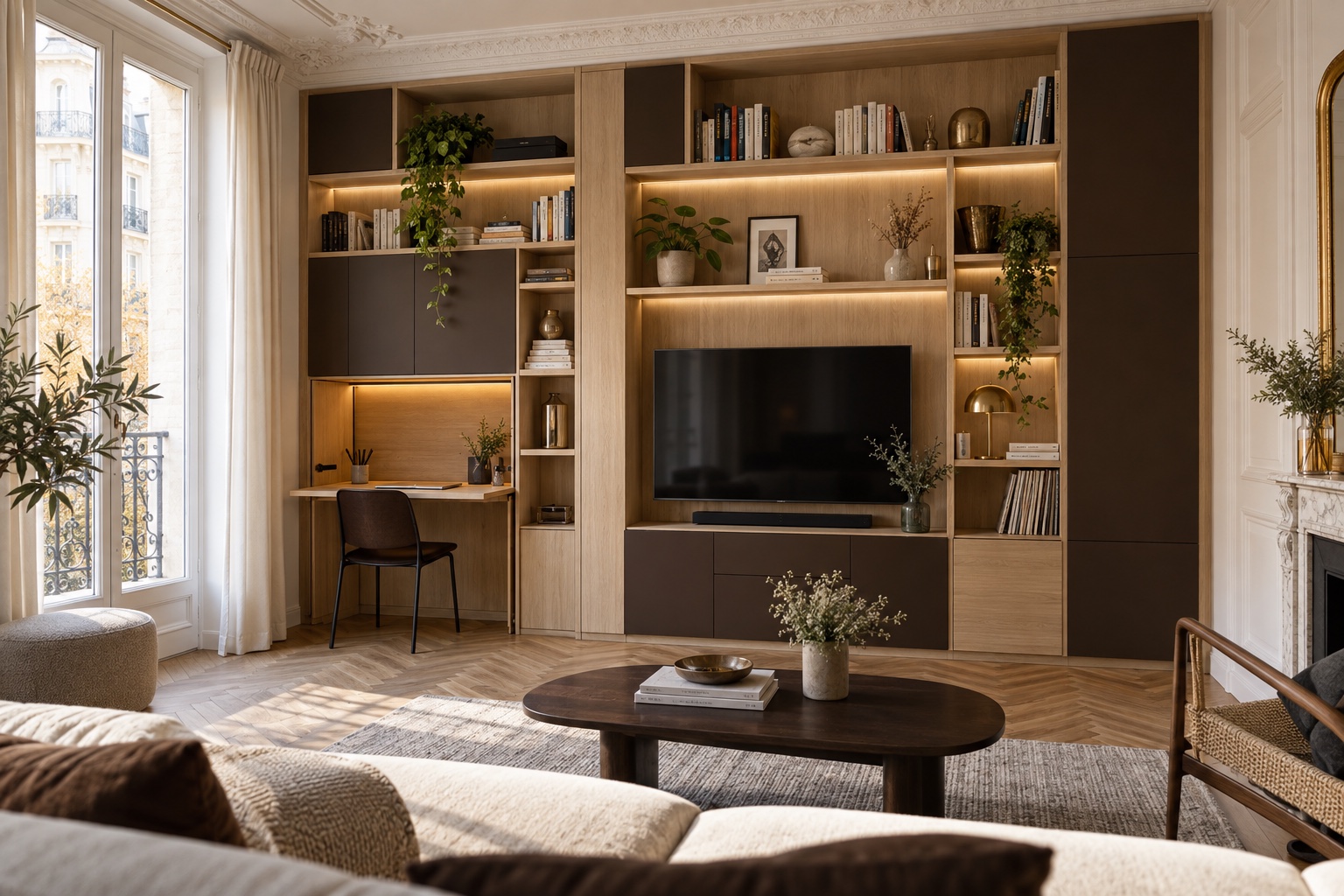 Illustration générée d’une bibliothèque sur mesure avec bureau intégré à Saint-Mandé
