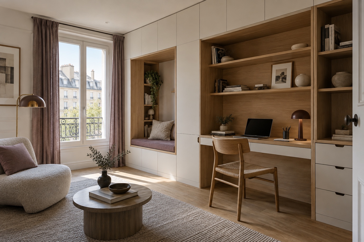 Illustration générée d’un bureau avec rangements sur mesure à Roissy-en-Brie