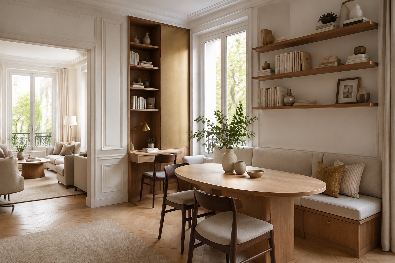 Illustration d’un coin repas et bureau sur mesure dans un appartement à Vincennes