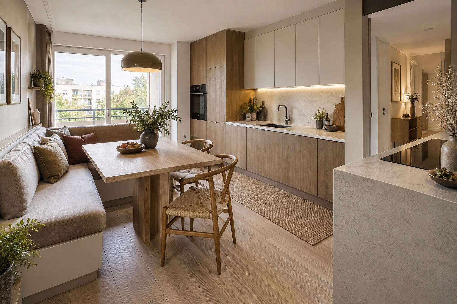 Illustration générée d’une cuisine avec banquette et rangements intégrés au Plessis-Trévise