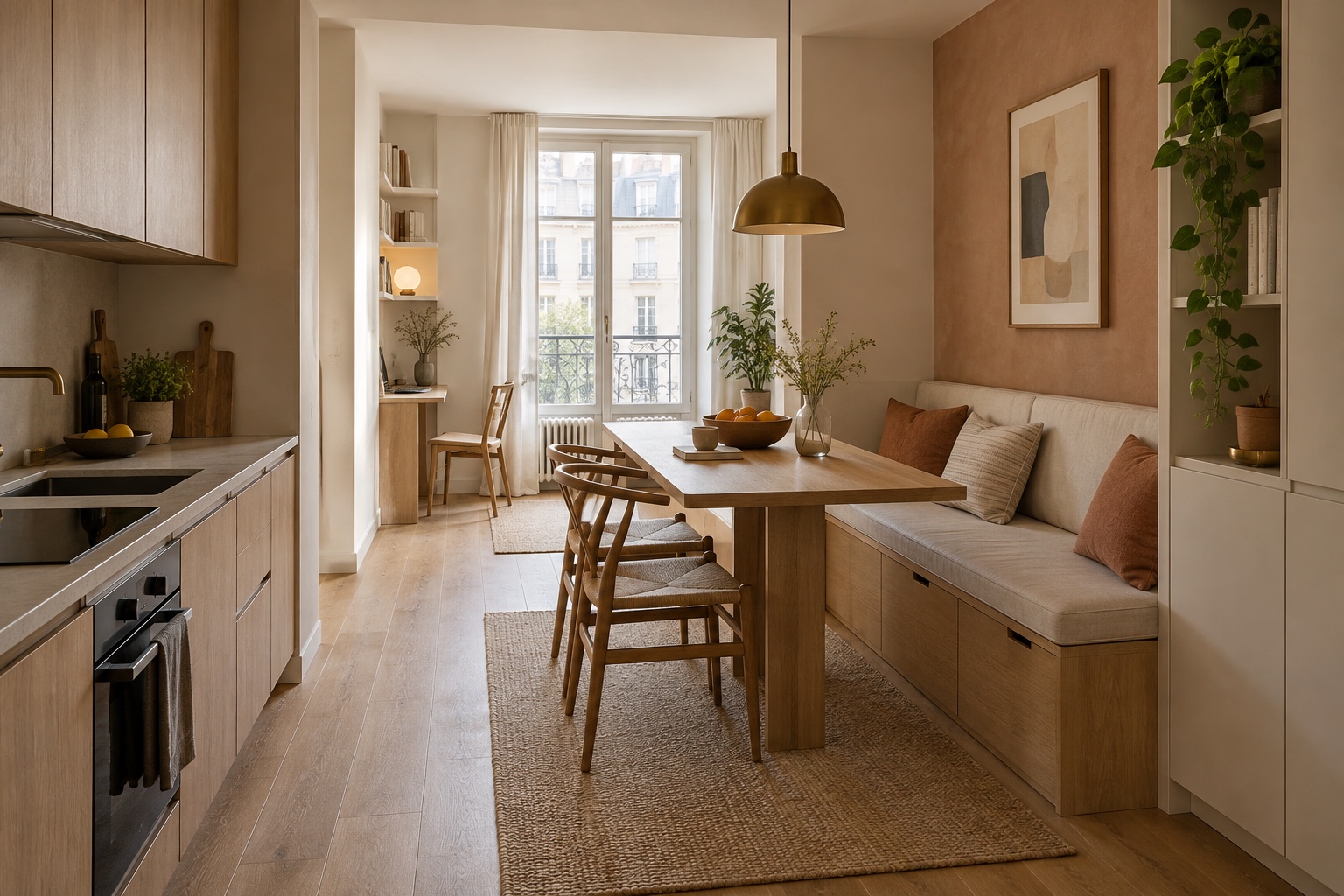 Illustration générée d’une cuisine avec banquette et circulation optimisée à Neuilly-Plaisance