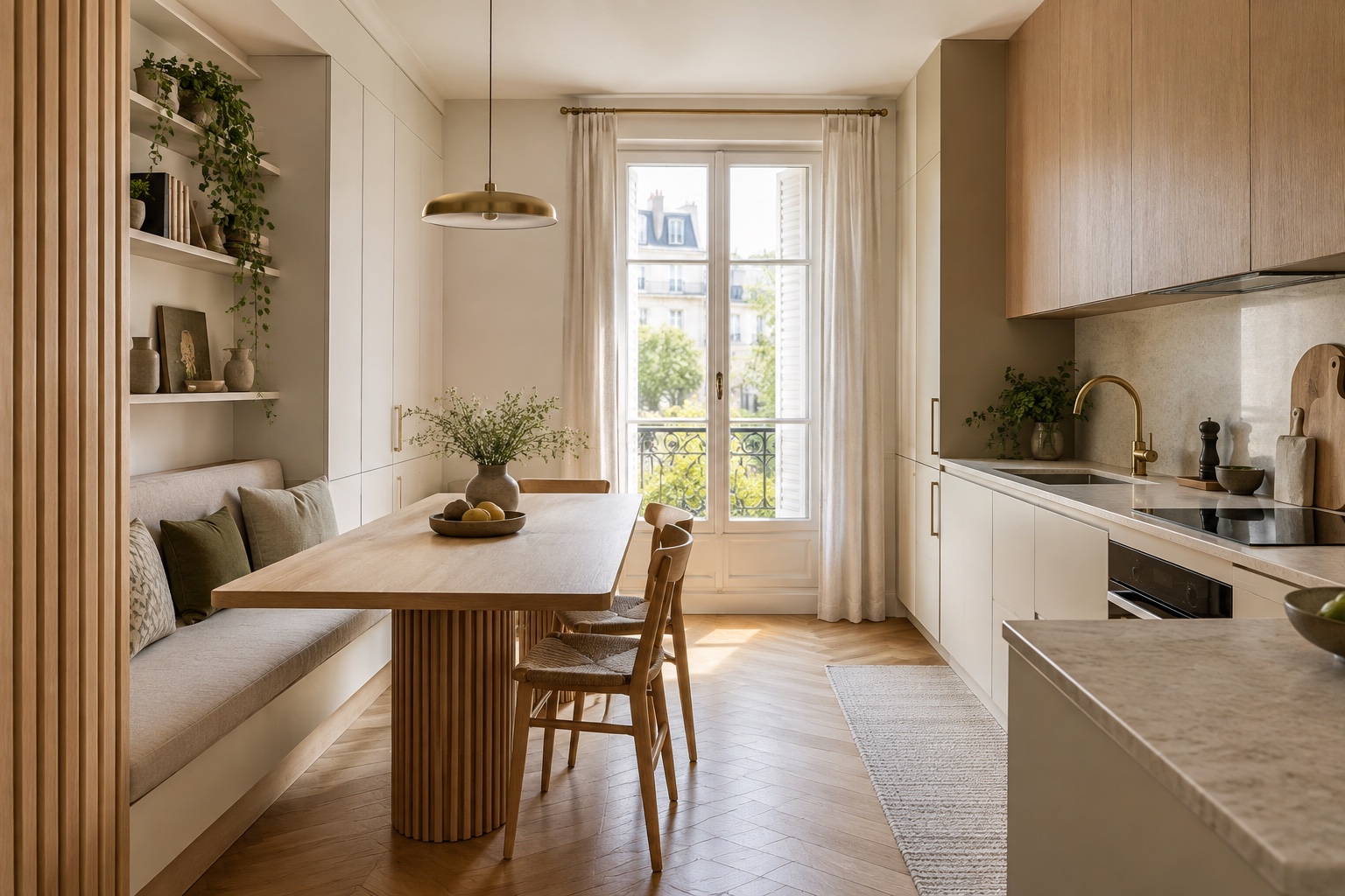 Illustration générée d’une cuisine avec banquette et rangements à Nogent-sur-Marne