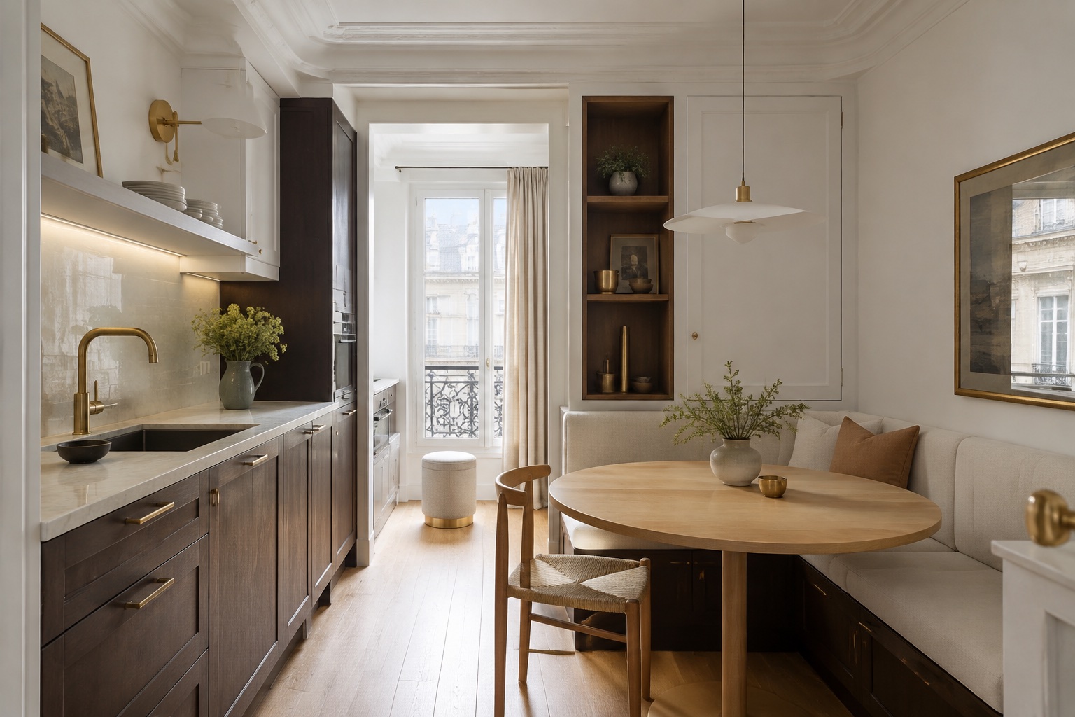 Illustration d’une cuisine parisienne avec banquette et rangements sur mesure