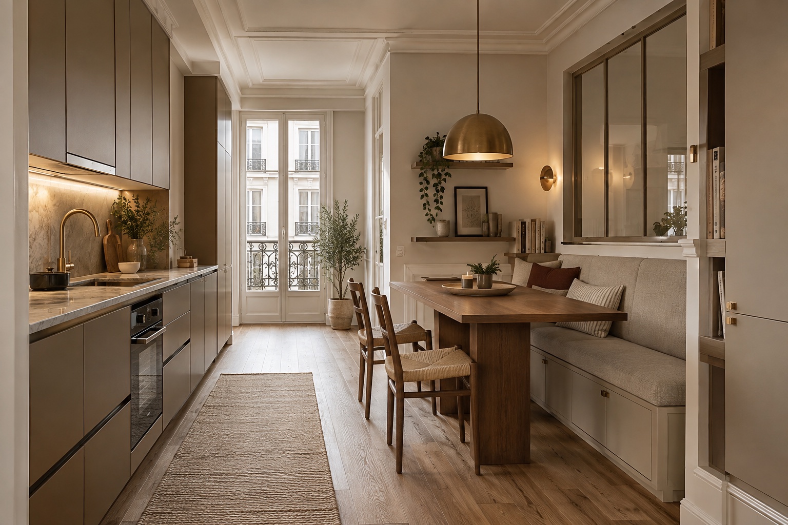Illustration générée d’une cuisine avec banquette et circulation optimisée à Roissy-en-Brie