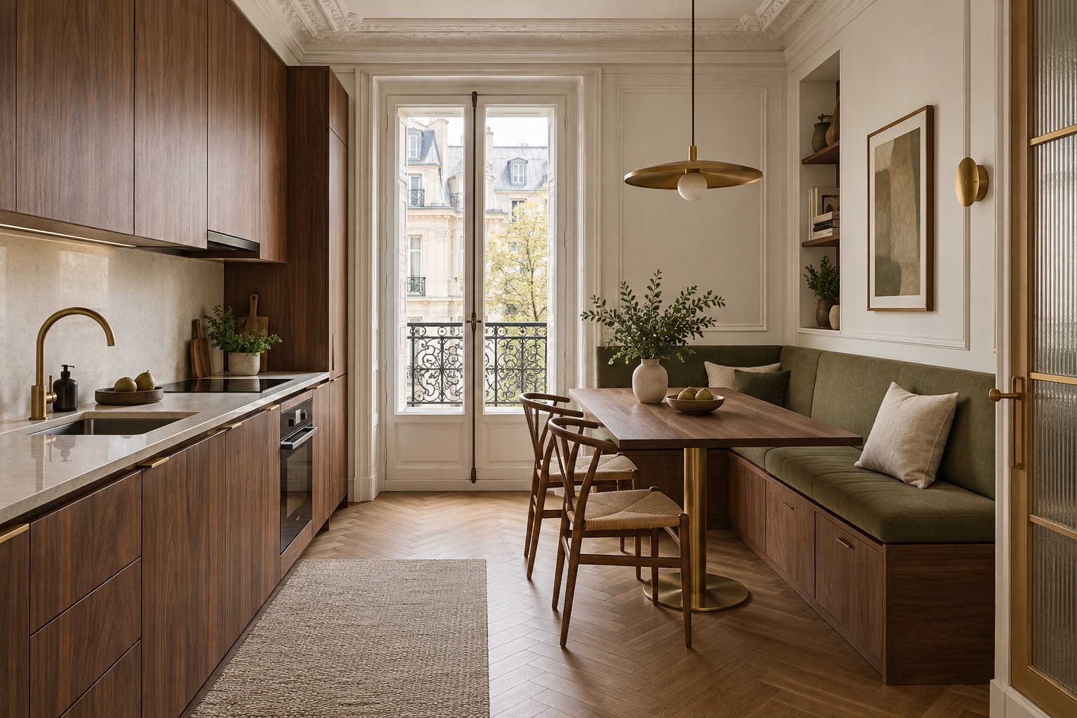 Illustration générée d’une cuisine avec banquette et rangements intégrés à Saint-Mandé