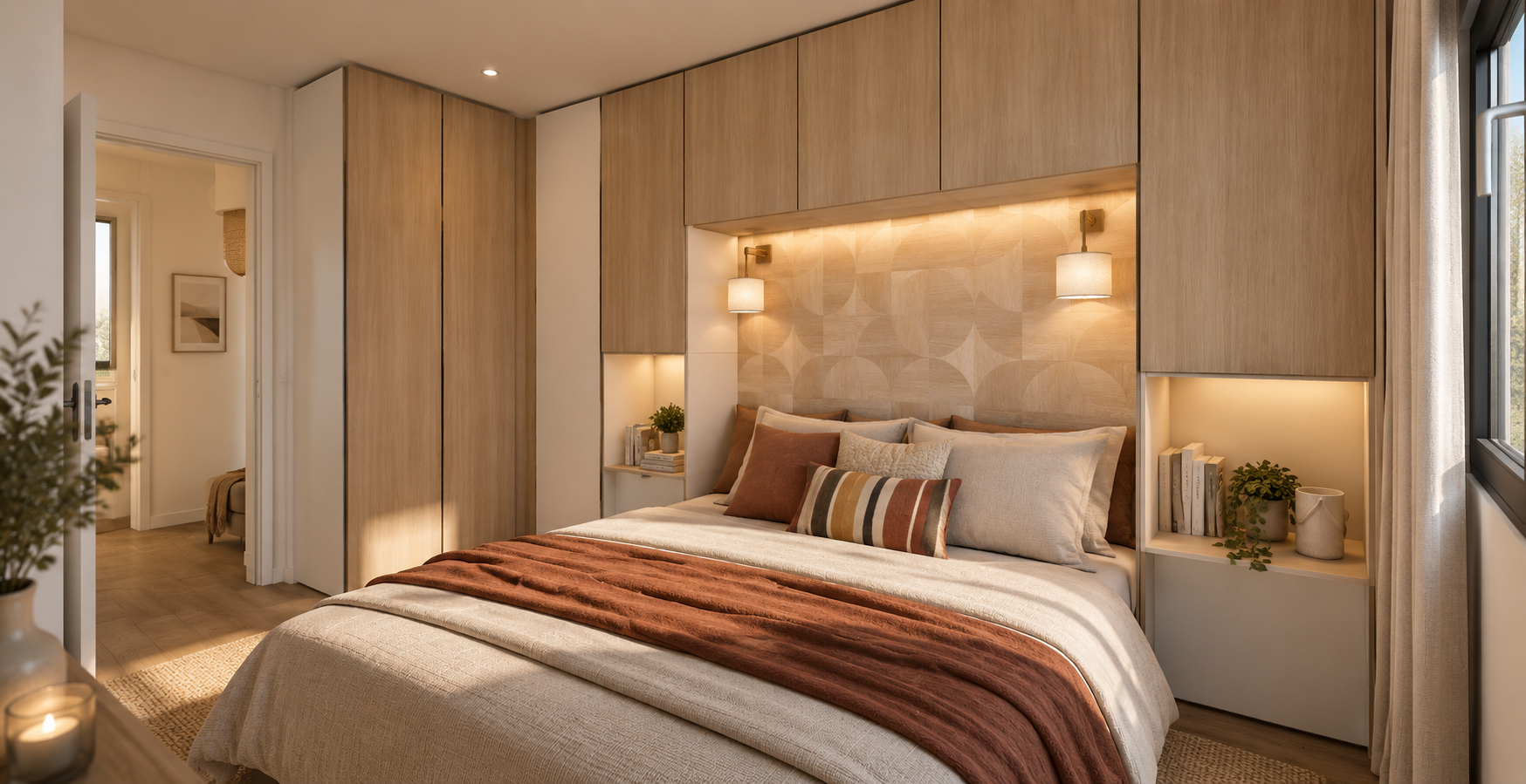 Chambre parentale rénovée dans un duplex avec rangements sur mesure en bois