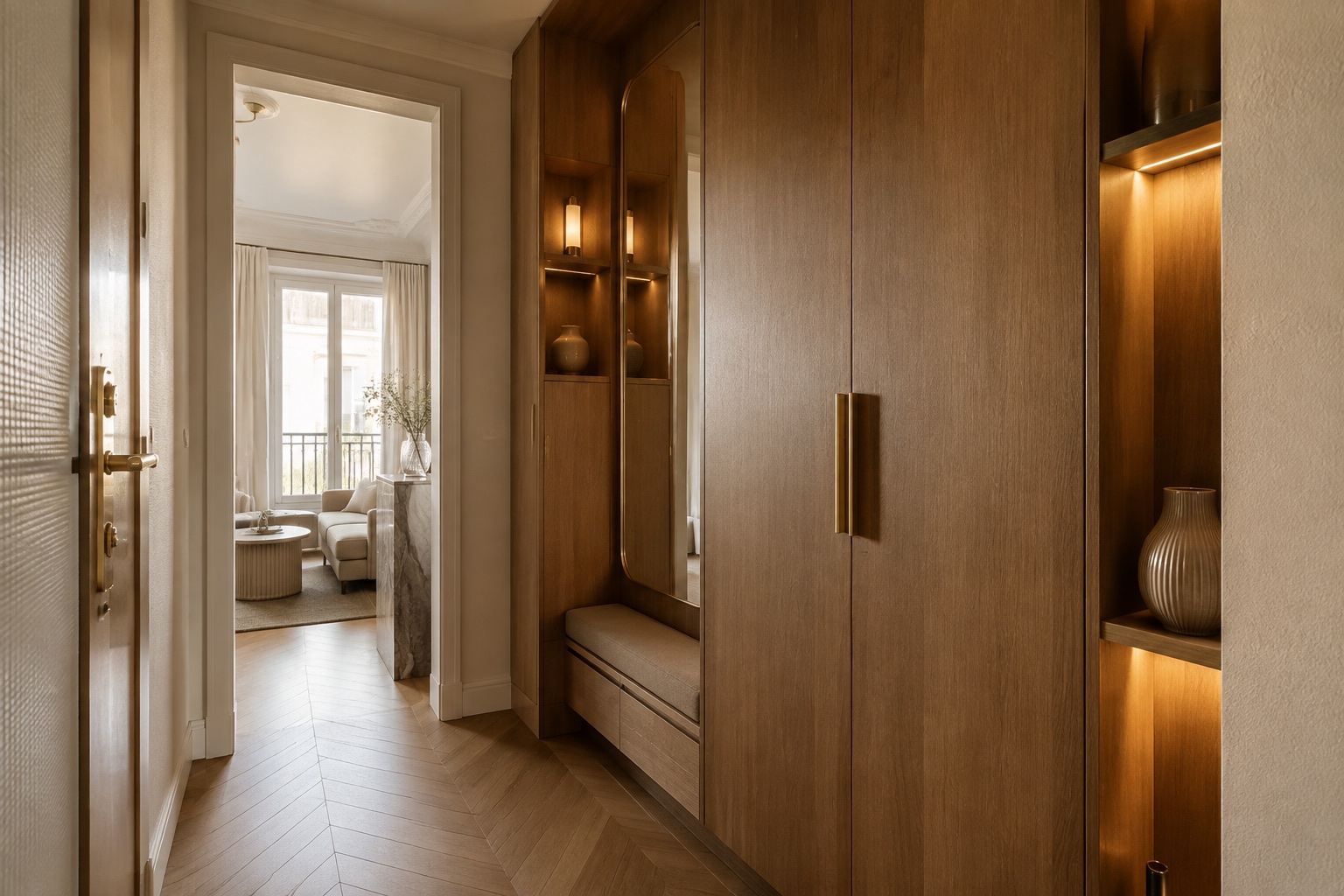 Illustration d’une entrée parisienne optimisée avec rangements sur mesure
