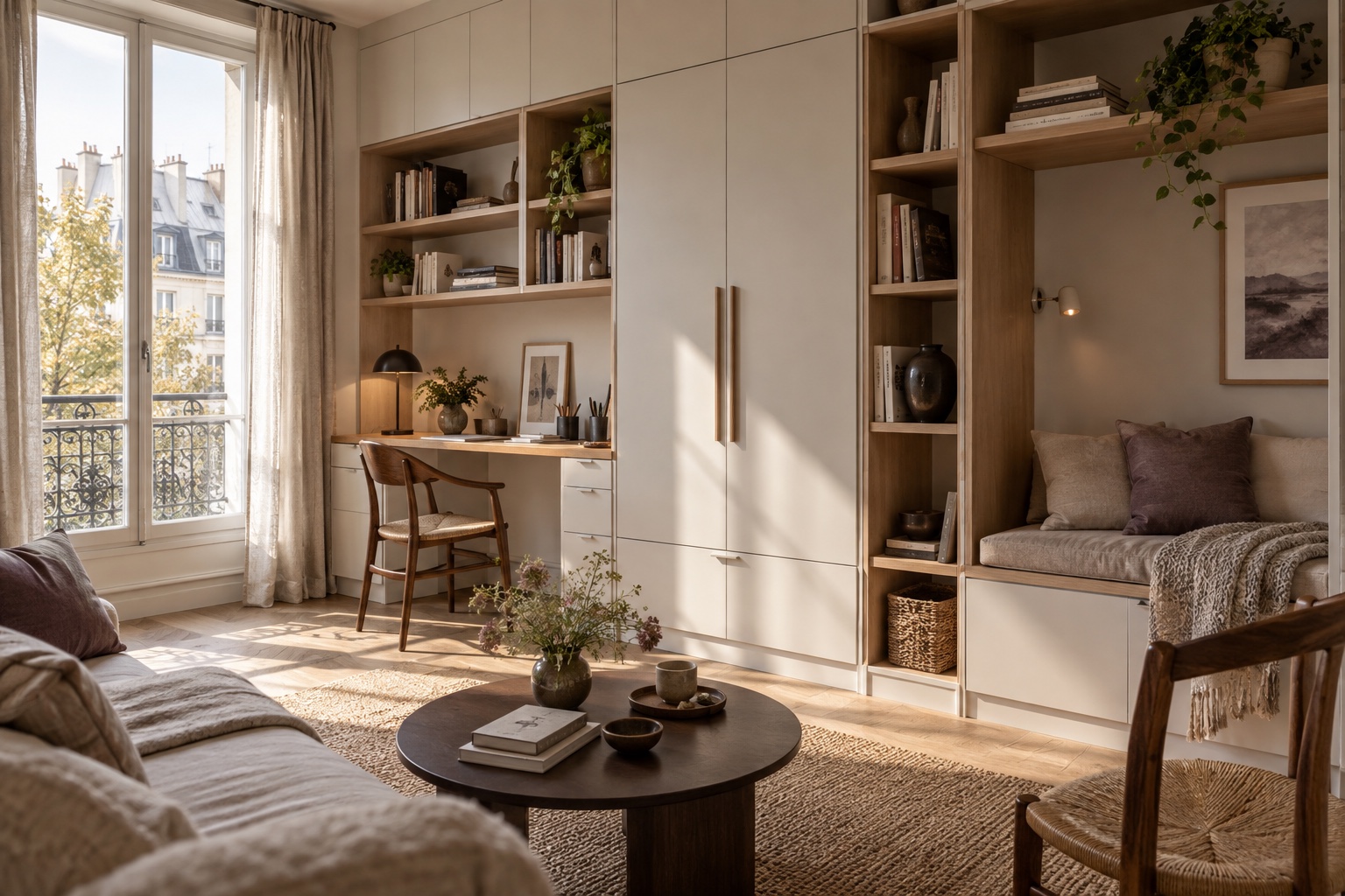 Illustration générée de rangements sur mesure avec bureau intégré à Neuilly-Plaisance