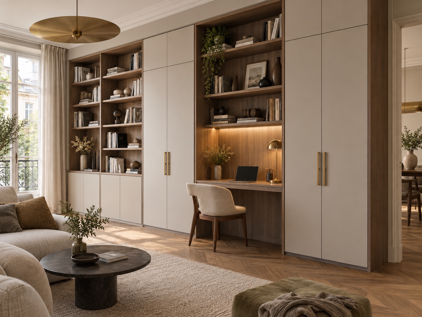 Vue de conception de rangements sur mesure et d’un bureau intégré à Ormesson-sur-Marne